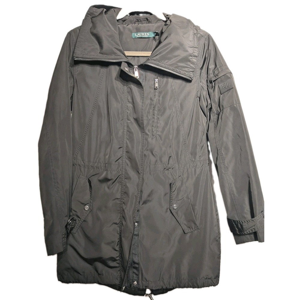 Lauren Ralph Lauren Coat Women XS Black Hooded Parka Zip Pockets Logo Drawstring